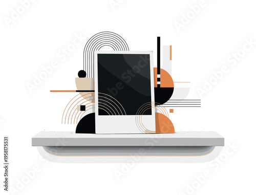 old photograph frame on dusty shelf abstract semicircles lines and geometric blocks symbolizing memory and nostalgia black and white retro frame object with
