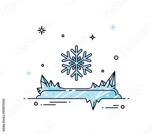 Winter frost symbol featuring a delicate snowflake hovering above a small frozen surface with icy crystal details forming along the edges. The composition