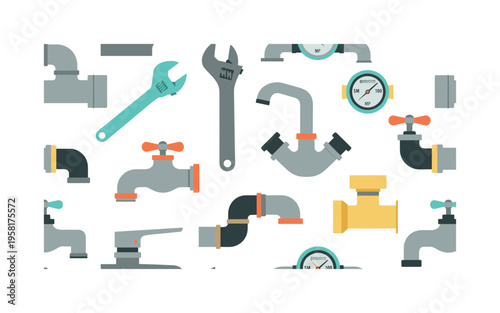 bathroom plumbing tools with pipe joints, adjustable wrenches, faucets and water meters in playful layout, seamless pattern, repeating pattern, surface design,