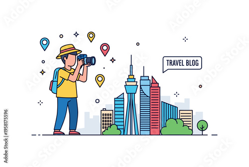Travel blogger capturing city skyline traveler holding a camera while photographing a famous skyline with small map pin icons nearby. A tiny label Travel Blog