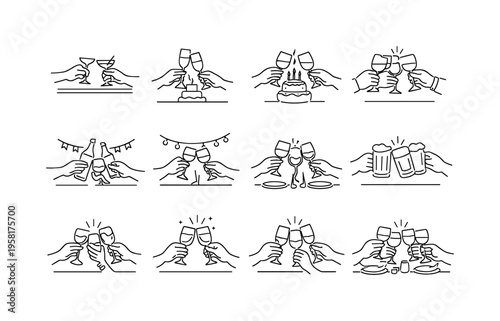 Social Gathering Cheers. Minimalistic set one-line drawing bar counter toast, wedding reception cheers, birthday cake toast, corporate event clink, festival