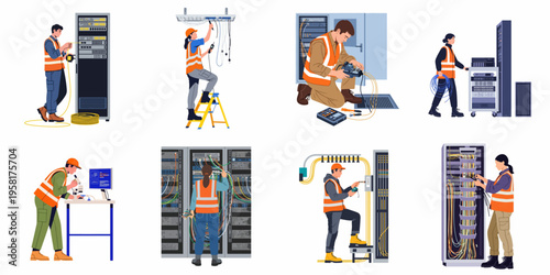 Illustrations of professional technicians and engineers performing maintenance, installation, and repair tasks on server racks and network infrastructure in a data center.