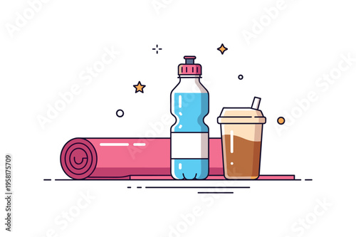 Healthy workout essentials water bottle, rolled yoga mat, and protein shake arranged together on a simple fitness surface. Clean visual metaphor of hydration,