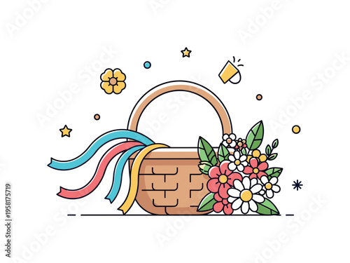 May Day festivities spring basket with colorful ribbons spilling out beside a cluster of blooming flowers. The cheerful composition represents seasonal joy and