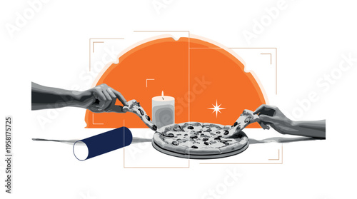 Black and white candle placed beside pizza with couple hands visible, bold orange semicircle framing upper section like soft ambient light, thin framing guides