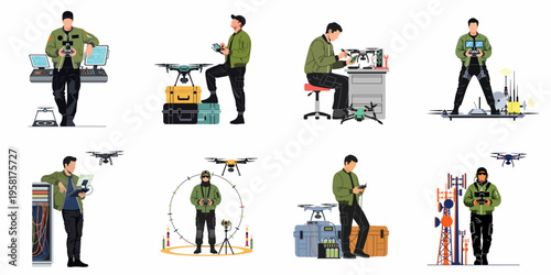 Professional drone operator collection showing various uav activities including maintenance, flight control, and technical surveillance in a modern tactical setting.