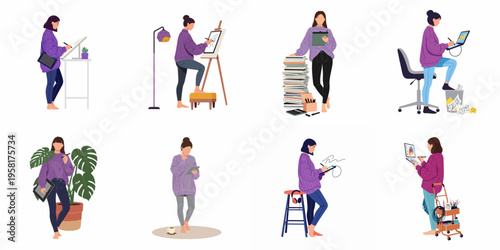 Flat vector illustration set of a female creative professional working in various settings using digital tablets and art supplies for digital art.