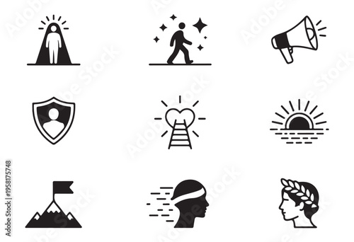 Collection of icons representing business success and personal growth journey achieving goals leadership and motivation