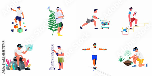 A collection of eight illustrations showcasing various virtual reality experiences, including gaming, shopping, gardening, and data interaction in the metaverse.