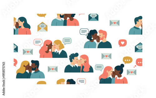 private confessions seamless pattern, individuals whispering secrets, envelopes, hearts, speech bubbles and handwritten notes arranged in a repeating pattern,
