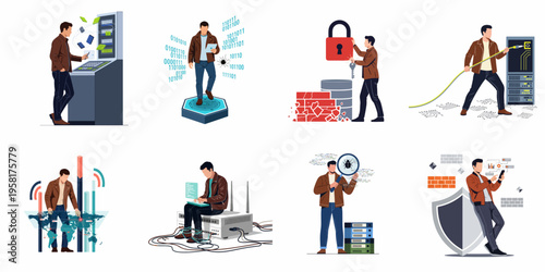 Vector illustration set of a cybersecurity professional performing various tasks like server management, data protection, hacking, and network troubleshooting.