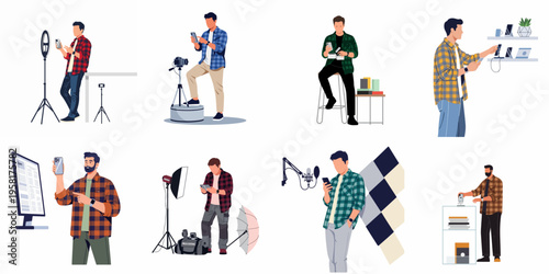 Flat illustration set of men using smartphones for professional content creation, vlogging, photography, and technology reviews.