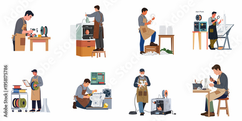 Flat illustration set of engineers and makers using 3D printing technology to design, prototype, and manufacture various objects in a workshop.