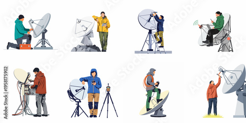 Flat vector illustration set of professional technicians and engineers installing, repairing, and maintaining satellite dishes and telecommunication equipment in various outdoor locations.