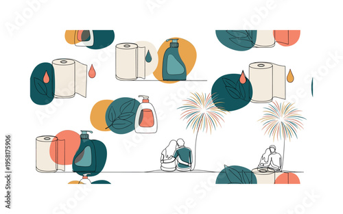 Eco friendly paper towel usage seamless pattern, reusable style paper towels rolls leaves cleaning drops and containers arranged in a repeating pattern, white