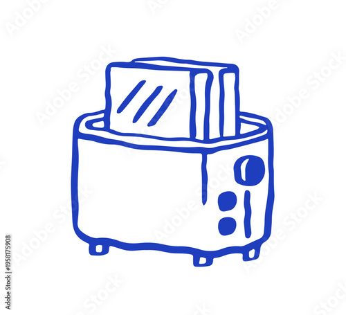 Kitchen toaster with bread slices, pieces, line drawing in doodle sketch style. Toasts, breakfast food. Cooking preparing morning snack. Flat vector illustration isolated on white background