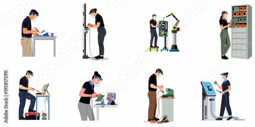 Set of professional technicians and engineers working on electronics assembly, soldering, and high-tech equipment testing in a laboratory or industrial factory setting.