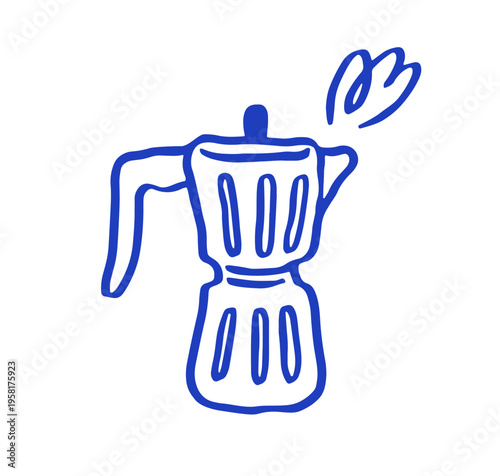 Moka pot, coffee maker, outtline sketch drawing. Coffeemaker with hot espresso, steam, scribble line-art. Morning drink, Italian doodle style. Flat vector illustration isolated on white background