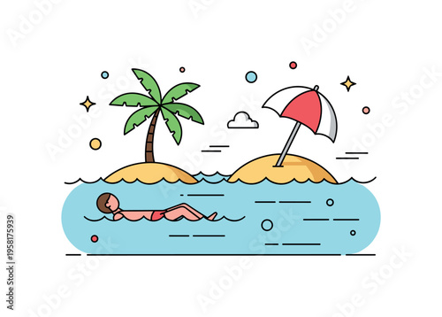 Island lagoon relaxation featuring a person floating above shallow water near a tiny palm island and a resting beach umbrella. The composition communicates