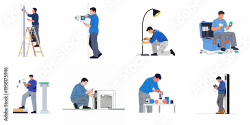Professional technician installing and configuring smart home devices, electrical systems, and modern technology in a series of eight clean vector illustrations.