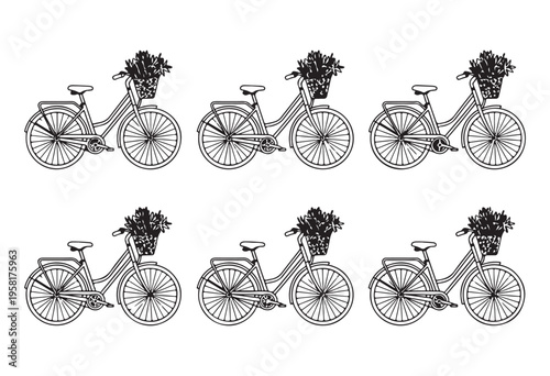 Set of six identical black and white outline bicycles with flower baskets on the front, vintage illustration
