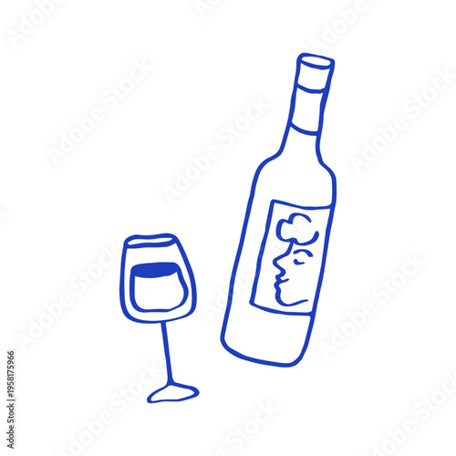 Wine glass and bottle, outline scribble drawing. Wineglass and alcohol, doodle sketch style. Alcoholic beverage for Dolce vita holiday party. Flat vector illustration isolated on white background