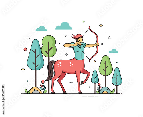 Forest centaur archer poised mythical centaur carefully aiming an arrow while standing among stylized trees and scattered forest plants. Quiet fantasy moment
