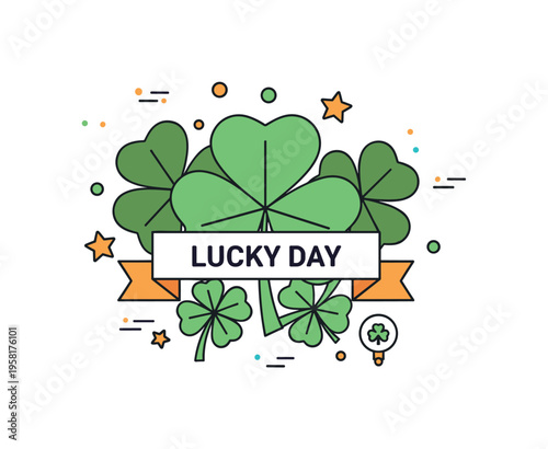 Irish shamrock decorations cluster of large clover leaves tied with a ribbon banner reading Lucky Day, small stars and dots suggesting cheerful seasonal