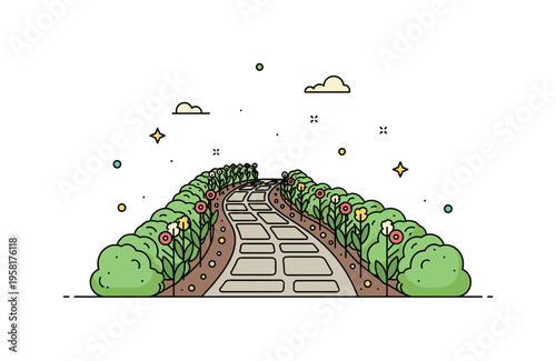 Decorative garden walkway stone path winding between rows of leafy plants and blooming flowers forming a charming landscaped garden corridor. The scene