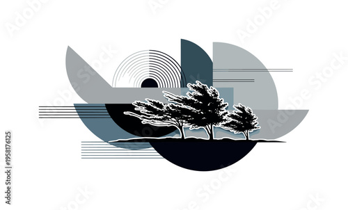trees swaying in light wind abstract semicircles lines and geometric blocks symbolizing gentle morning breeze black and white retro tree silhouettes with white