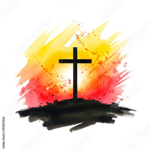Black cross silhouette on abstract watercolor background