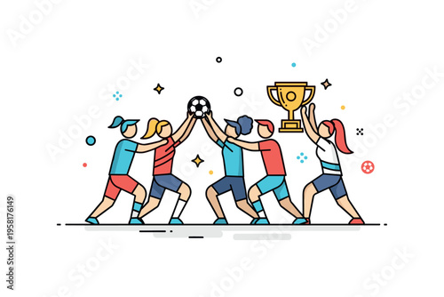 Team sports teamwork moment with a group of simplified athlete figures passing a ball between them while a small trophy icon stands nearby