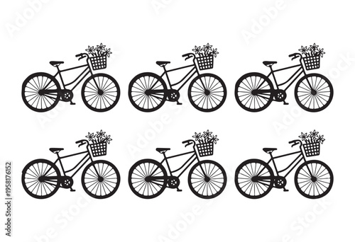 Set of six identical black bicycle illustrations with basket of flowers on white background