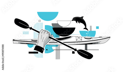 human hand steering kayak with dolphin leaping nearby abstract semicircles lines and geometric blocks symbolizing close encounter with wildlife black and white