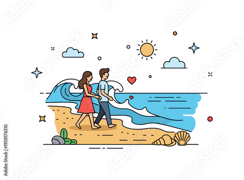 Couple walking on the beach relaxed pair strolling along a sandy shoreline while gentle waves, a small sun, and seashell icons create a peaceful romantic