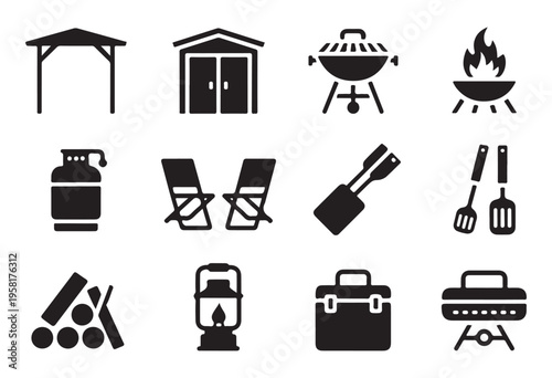 Collection of outdoor recreation and barbecue icons set, black and white graphic symbols