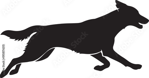 A black silhouette of a dog running on a white background