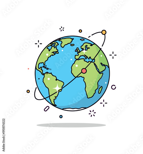 Floating earth globe with subtle highlights on continents and tiny orbiting decorative elements, creating a modern, editorial visual for global topics and