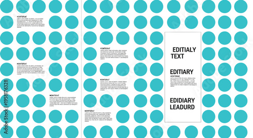 Minimalist turquoise polka dot brochure layout, modern geometric magazine spread with editable text placeholders, clean teal circle pattern editorial design