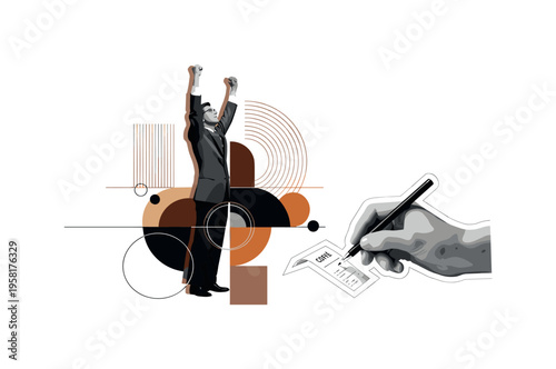 final moment of triumph, geometric circles semicircles and abstract blocks illustrating climax and achievement, black and white retro realistic figure layered
