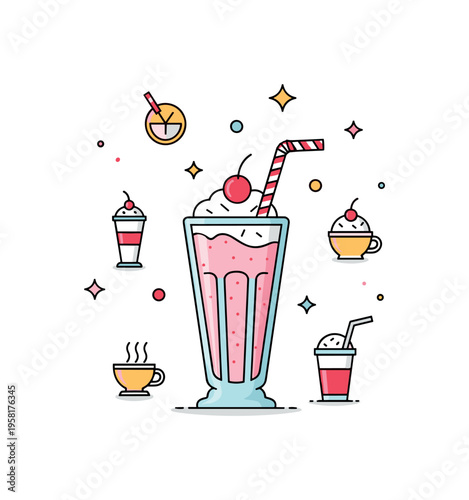 Retro diner milkshake tall milkshake glass with striped straw and small sparkle icons representing classic American diner culture and nostalgic treats. The