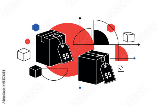 conceptual consumer decision scene with two product boxes and different price tags, black and white cut-out objects with white contour outline, large red