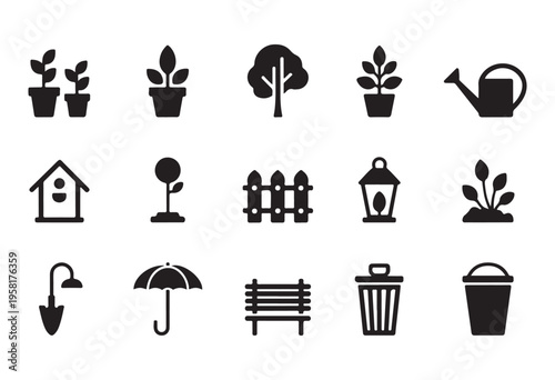 Gardening tools and botanical icons set with potted plants watering can park bench wooden fence and birdhouse