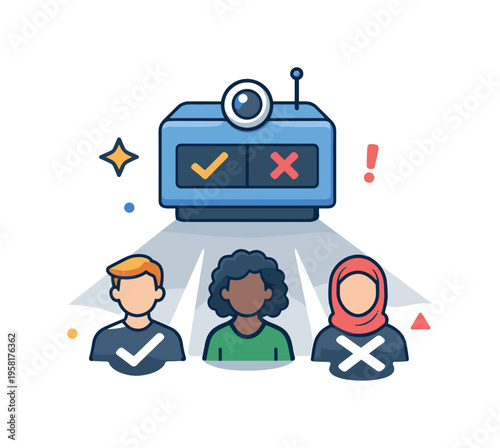 AI screening bias as an ethical challenge depicted by a robotic decision box casting shadows over diverse human icons, conveying imbalance between efficiency