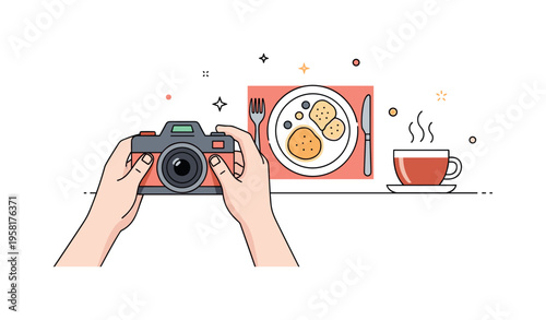 Capturing simple life with a small camera pointed toward a plate of breakfast and a steaming cup of tea. The cozy scene reflects appreciation for small rituals