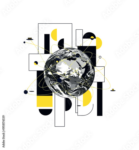 Black and white Earth viewed from space with abstract travel route lines connecting orbital destinations, bold geometric rectangles and semicircles structuring