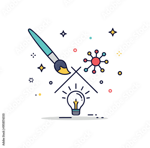 Human creativity and artificial intelligence partnership shown with a paintbrush icon and a small neural network symbol meeting above a shared idea spark. The