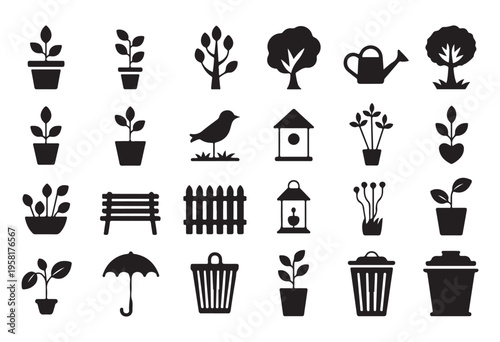 Large set of various gardening and outdoor icons including plants, trees, bird, birdhouse, and tools