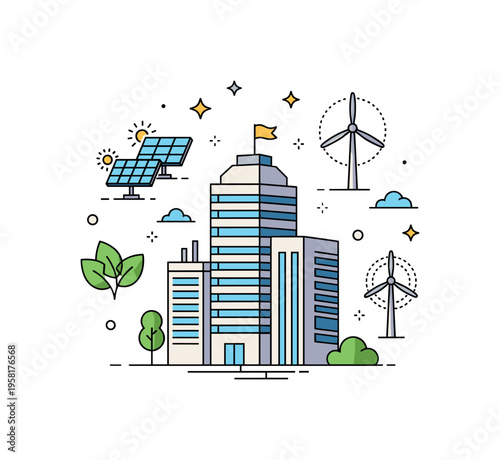 Green technologies in construction modern building structure surrounded by small icons of solar panels, wind turbines, and leaf symbols representing