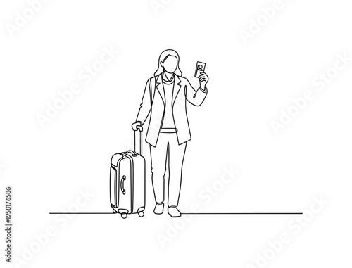 Airport Business Trip. Minimalistic one-line drawing traveler with suitcase checking documents or boarding pass, continuous single black line on